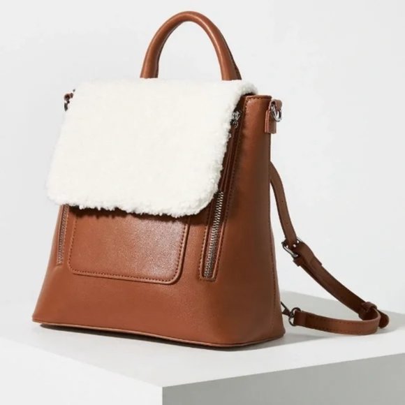 Anthropologie Handbags - Anthropologie Sherpa Trimmed Faux Leather Backpack